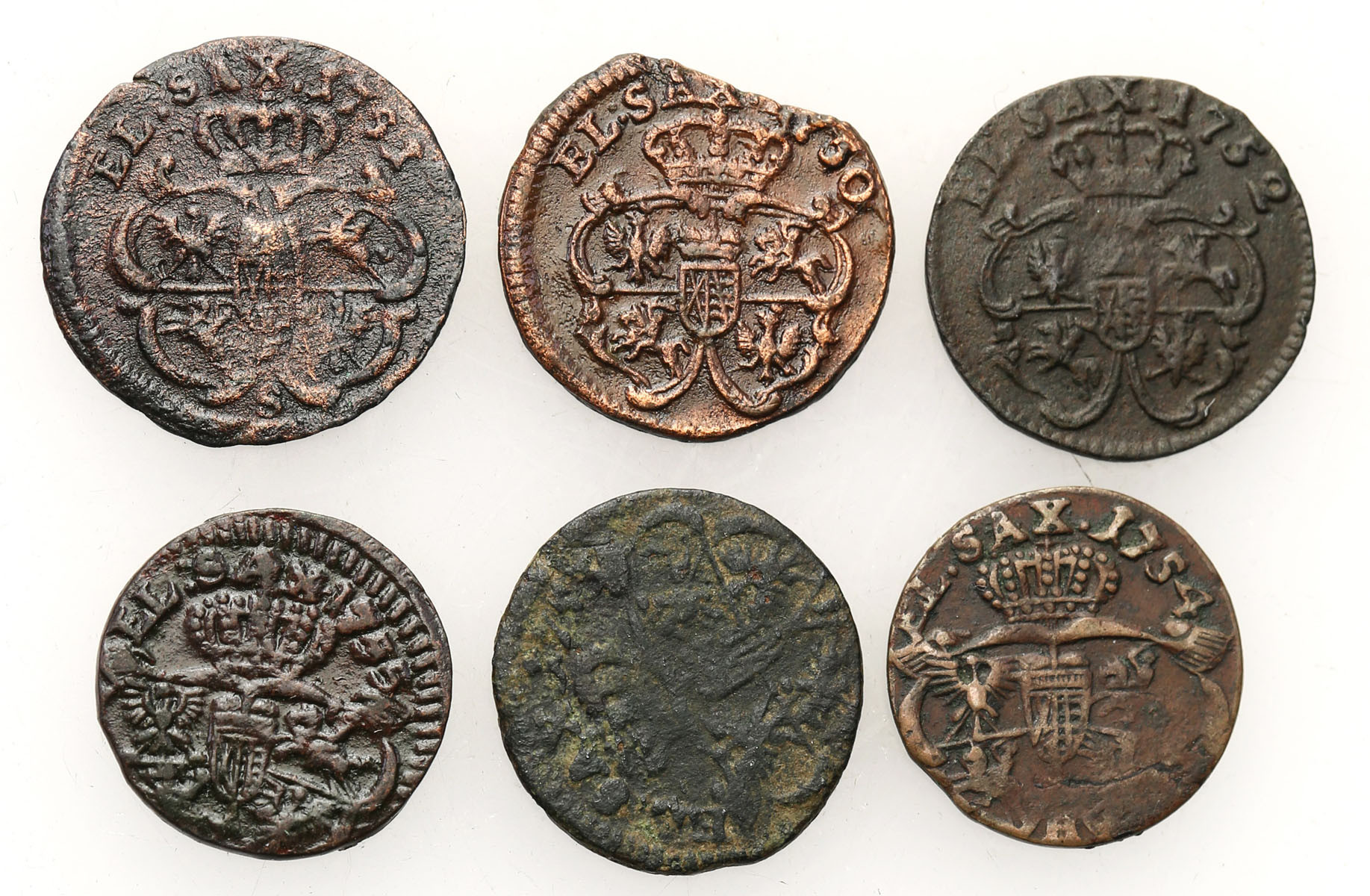 August III Sas. Szeląg 1750-1755, zestaw 6 monet